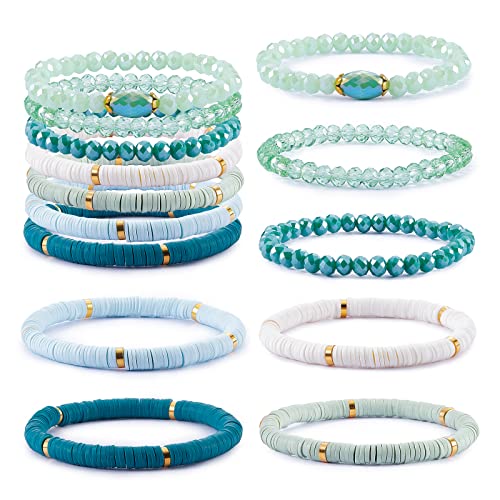 Ornaland 7Pcs Handmade Polymer Clay Heishi Surfer Stretch Bracelets Set Colorful Glass Beads Bracelets Boho Stackable Preppy Bracelets Wrist Jewelry for Women - color: Green