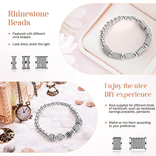Yinkin 40 Pieces Zircon Rhinestone Beads Tube Column Pave Bead Charms Cubic Zirconia Big Hole Spacer Jewelry Bracelet Connector Crystal for DIY(Silver)