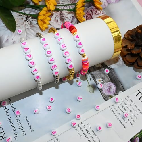 Looconi 1400pcs Pink Letter Beads 4x7mm White Round Acrylic Alphabet A-Z Heart Star Beads for Jewelry Making Bracelets Necklaces Key Chain - color: Pink