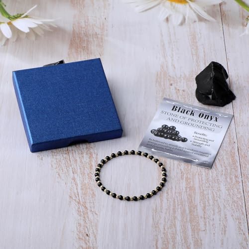 QOGIR 14k gold Handmade Healing Bracelet, Natural Gem Stone Crystal Elastic Gold Bracelet - color: Black Onyx - Protecting and Grounding, size: 4m