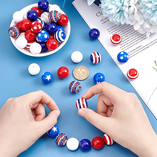PH PandaHall 4th of July Beads, 50pcs Bubblegum Beads 20mm Chunk Pen Beads Patriotic Beads Blue Red Beads Acrylic Stripe Beads Large Beads for Independence Day Flag Day Garland Sports Jewelry Making - color: Blue Red