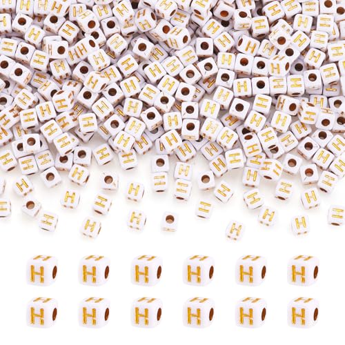 FASHEWELRY 500Pcs White Golden Letter Beads 4.5mm Square Alphabet Beads Acrylic Cube Letter H Beads for Friendship Bracelet Necklace Keychains Jewelry Making - color: Letter H