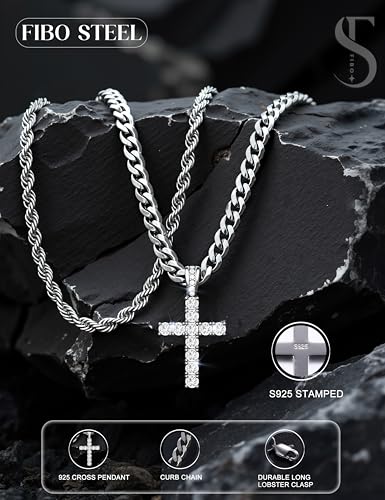 925 Sterling Silver Cross Necklace Men - CZ Cross Pendant Layered Necklaces Waterproof Stainless Steel Link Rope Chain Silver Necklace Stack Jewelry with Gift Box 16-30 Inches - size: 24&26in