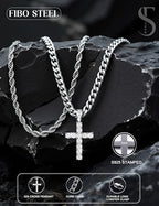 925 Sterling Silver Cross Necklace Men - CZ Cross Pendant Layered Necklaces Waterproof Stainless Steel Link Rope Chain Silver Necklace Stack Jewelry with Gift Box 16-30 Inches - size: 20&22in