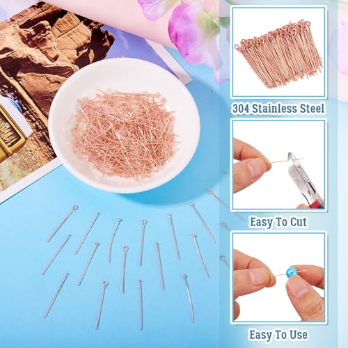 Craftdady 300pcs Rose Gold Flat Head Pins Ball Head Pins Open Eye Pins Metal Wire Headpins Set for Craft Jewelry Making (29.5-30mm) - color: Rose Gold, Eye Pins Kit