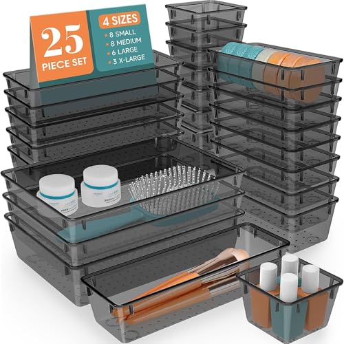 StorMiracle 25 PCS Drawer Organizer Set, 4 Varied Size Bathroom and kitchen Drawer cabinet organizer Trays, Clear Storage Bins for Makeup, Jewelry, Utensils and Gadgets，Black - color: Black, size: 25 PCS