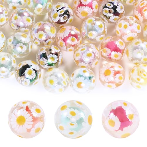 15Pcs Acrylic Beads Round 16mm UV Bead in Bead with Daisy Print Fit for DIY Jewelry Bracelet Necklace Keychain Beadable Pens Mobile Phone Chain Making Cute (Daisy-Mixed Color) - color: Daisy-Mixed color