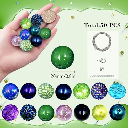 50Pcs Chunky Bubblegum Beads, 20mm Chunky Bubble Gum Beads for DIY Beadable Pens Bracelets Necklaces Pearl Beaded Craft Jewelry Making (Green) - color: Green+Blue+Purple