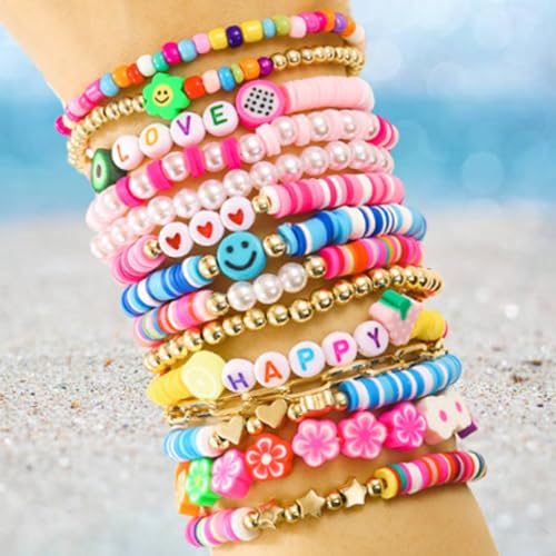 Friendship Bracelets Boho Stackable Bracelets for Women Surfer Heishi Clay Bead Bracelets Stretch Preppy Bracelets Colorful Boho Bracelets for Women - color: 14pcs HAPPY