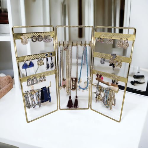 Jewelry Holder, Jewelry Organizer, folding 3 piece Jewelry Display Stand with Metal Frame, Necklace Earring Bracelet Holder, for Studs, Rings, Gift Idea, Gold, Silver, Black Color (GOLD) - color: GOLD