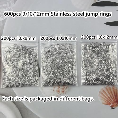 600pcs 9mm 10mm 12mm Stainless Steel Jump Rings Connector O Rings Accessories for Bracelet Necklace Earrings Lanyard Keychain DIY Craft Jewelry Making Supplies - size: 9/10/12mm