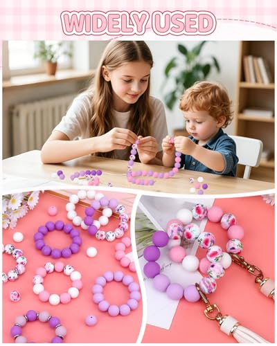 100 Pcs 15mm Silicone Beads for Keychain Making, Purple White Silicone Beads Bulk Round for Bracelets Pens Crafts Jewelry Making (Purple White) - color: Purple White