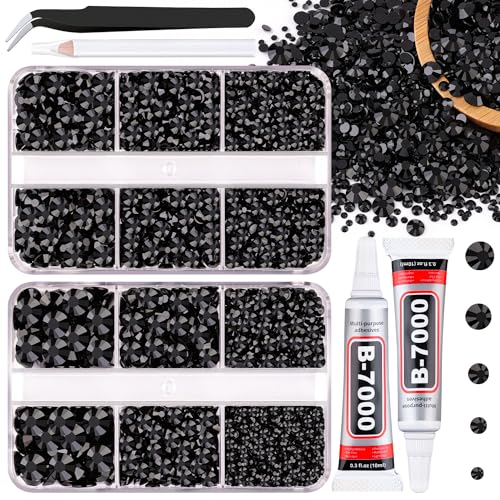 Resin Jelly Rhinestones for Crafting with B7000 Jewelry Glue, 2 Boxes Black Flatback Crystals with 2Pcs 10ml Glue, Bedazzling Non Hotfix Gems for DIY Tumblers Clothing Shoes Manicure - color: Black, size: 2 Mini Pack + Glue
