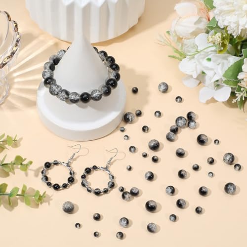 1 Box 450PCS 4/6/8/10MM Black Round Crackle Beads with Holes Glass Crack Crystal Sparkle Ink Small Spacer Loose Bead Bulk for Jewelry Making Necklaces Bracelets Earrings DIY Craft Supplies - color: Black