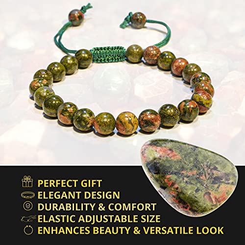 ANAYA AGATE Energy Protection Crystal Handmade Adjustable Bead Bracelet Perfect for Men, Women’s Christmas Gift - Gemstone Healing Stretch Bracelet Pulsera Para Hombre Mujer Stocking Stuffer - color: Unakite