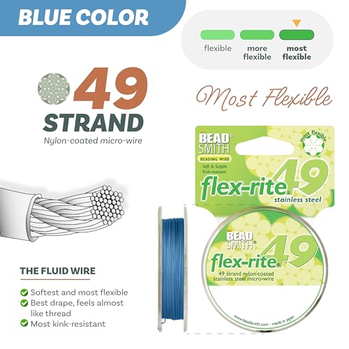 The Beadsmith Flex-Rite Beading Wire - 49-Strand Nylon-Coated Stainless-Steel Wire, 0.018" (0.45 mm) Dia, Blue, 30 ft Spool, Durable Necklace & Bracelet String, for Jewelry Making Supplies - color: Blue, size: .018” Dia - 30 ft
