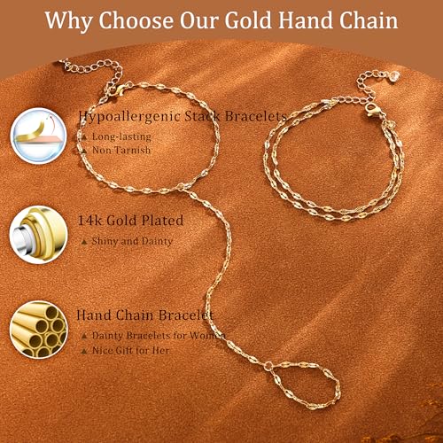 CHESKY 14K Gold Plated Hand Chain Bracelets for Women Set - Dainty Finger Ring Bracelet Stack Adjustable Hand Chains Durable Beaded Bracelets Trendy Simple Body Jewelry Gift for Women - style: 3lips bracelet-gold