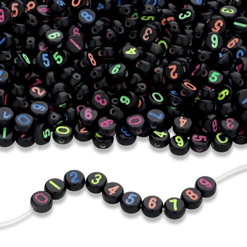LAIDANLA 1000PCS Acrylic Number Beads Colorful Number Black Round Bead 7×4mm for Jewelry Bracelets Necklaces Key Chains Making - color: W-Colorful Number Black Beads