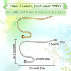 SUNNYCLUE 1 Box 160Pcs Stainless Steel Earring Hooks Real 18K Gold Plated Fish Hook Earring Wires Hypoallergenic Ear Wires French Hooks Earrings Components Findings for Jewelry Making Replacement Kit - color: 160pcs 18k Gold Plated & Stainless Steel Earri