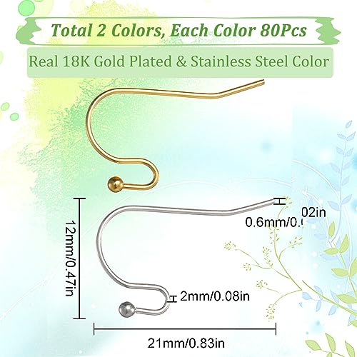 SUNNYCLUE 1 Box 160Pcs Stainless Steel Earring Hooks Real 18K Gold Plated Fish Hook Earring Wires Hypoallergenic Ear Wires French Hooks Earrings Components Findings for Jewelry Making Replacement Kit - color: 160pcs 18k Gold Plated & Stainless Steel Earri