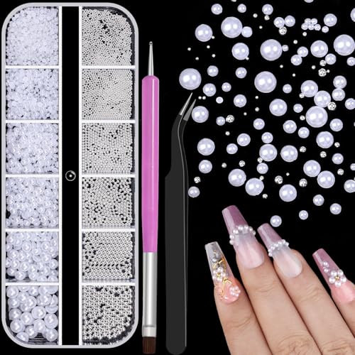 3D Mini Small Caviar Nail Beads Balls, 0.7-2mm Silver Nail Art Beads 1.5-5mm White Nail Pearls Half Round Flatback Pearl Nail Charms with Pickup Tools for Nails Face Eyes Makeup(31-K1-4) - color: 31-K1-4