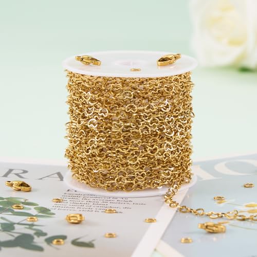 KYUNHOO 16.4 Feet Hollow Heart Chain Links on Roll Gold Plated Stainless Steel Chains Bulk for Jewelry Making with Lobster Clasps Jump Rings Jewelry Connectors - color: Heart Gold
