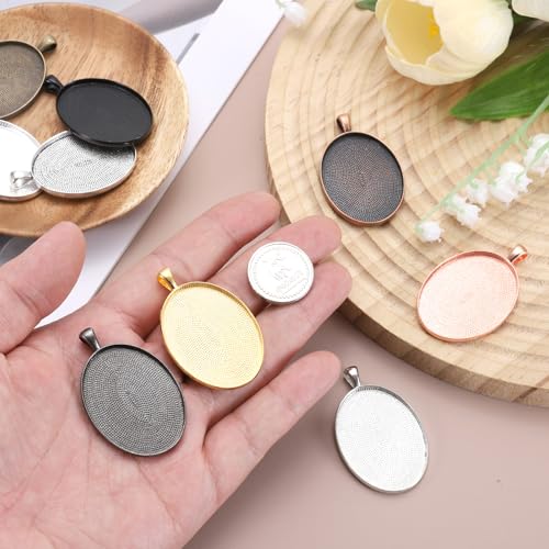 PATIKIL Pendant Trays for Jewelry Making, Blank Pendants Zinc Alloy Oval Bezel Settings Flat Base for Necklace Bracelet Charm - color: Dark Silver Tone