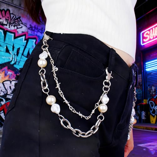 Layered Punk Pants Chain for Men Women, Gothic Hip Hop Jean Chain Wallet Chain Biker Trouser Chain, Goth Emo Fashion Keychain Accessories - color: 2L-6 Pearls