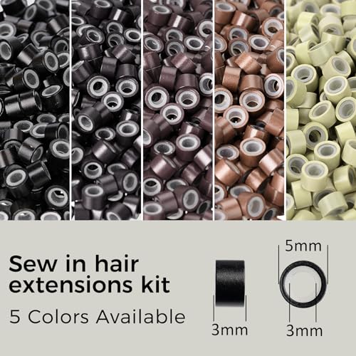 Hair Extension Tools Kit, 2500 Silicone Lined Ring Beads, 8 C/J/I Hair Needles, 5 Rolls Sewing Thread, Sew in Hair Extensions Kit for Hair Styling & Wig DIY Craft - color: Brown