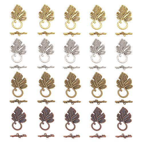 SUPERFINDINGS 40 Sets Tibetan Style Leaf Toggle Jewelry Clasps 4 Colors Necklace Toggle Clasp Alloy Metal T-bar Closure Clasps for Necklace Bracelet Jewelry Making DIY Craft,1.42x0.87x0.18Inch