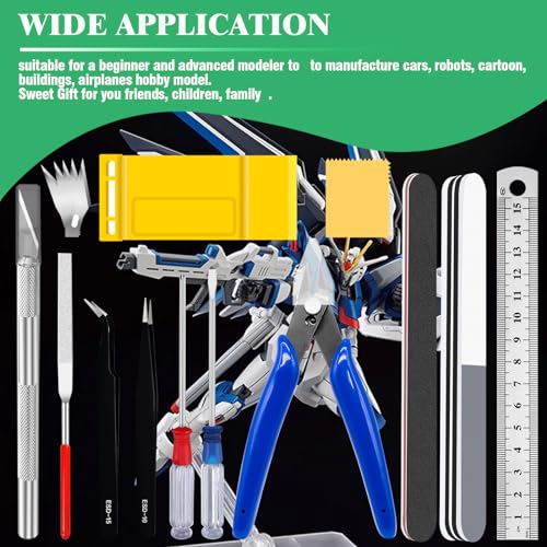 17Pcs Hobby Model Basic Tool Kit Contains Flush Pliers, Mini File, Crafting Knife with Replacement Blades, Tweezers, Professional Modeling Building Fixing Set for Gundam