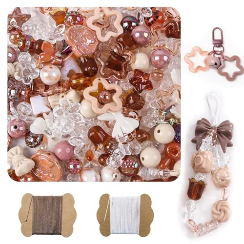 500G Assorted Acrylic Beads 600-760PCS Cute Beads for Jewelry Making 10M 0.8MM Nylon Strip Flower Star Bear Bow Aesthetic Kawaii Charms for Bracelet DIY Necklace Keychain Phone Charm-Coffee - color: 500g-Coffee