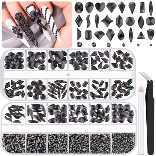 1680Pcs Black Glass Nail Rhinestones 180Pcs Multi Shapes Flatback Nail Gems + 1500Pcs 1.5-4mm Round Crystal, Manicure Nail Charms Diamond Gemstones for Acrylic Nails Decoration - color: Black