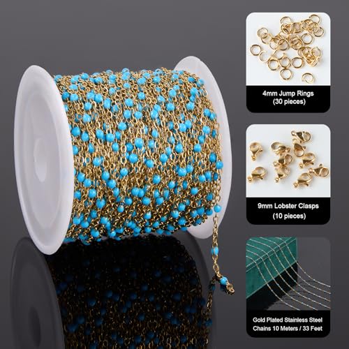 UMAOKANG 10 Meters Light Blue Enamel Bead Chains for Jewelry Making Gold Plated Stainless Steel Chain Bulk on Spool - color: Light Blue Bead-Gold
