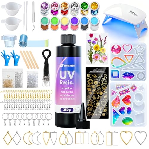 SHORE RESIN UV Resin Kit with Light, 250g Crystal Clear Fast-Curing Jewelry Set with Molds, Glitter, Dried Flowers & Tools for Earrings, Keychains & DIY Crafts - size: 250g