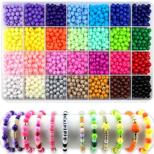 1820Pcs 6mm Acrylic Round Beads for Jewelry Making, 28 Colors Rainbow Round Beads for Bracelets Making Kit Candy Color Plastic Bubble Gum Beads Pastel Loose Beads Bulk for DIY Necklace Crafts, Medium - color: 6mm