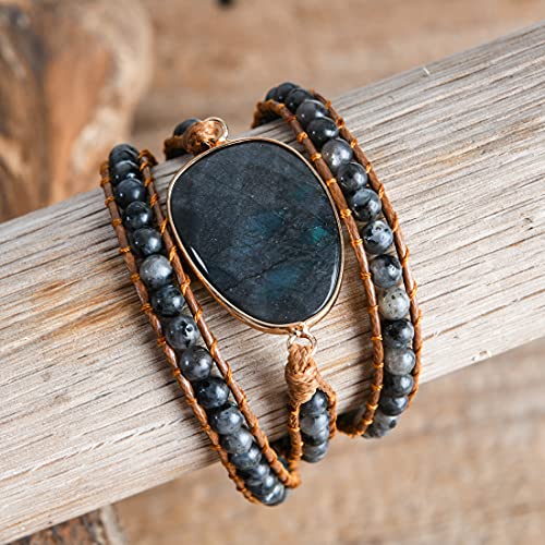 YGLINE Women Boho Handmade Natural Stone Crystal Leather Bead Wrap Bracelets Collection - color: Labradorite-3w