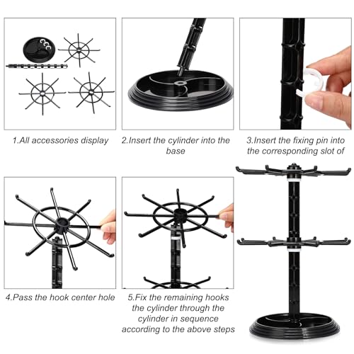 2 Pack Keychain Display Stand Rotating Jewelry 2 Tier Necklace Holder Plastic Spinning Bracelet Hanging Organizer Rotating Rack Earring Bracelet Stands for Vendors Malls Counter Dressing Table - color: Black