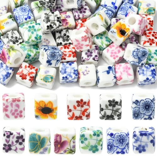 10MM 55 pcs 11 Styles Cube with Flower Theme Porcelain Ceramic Beads Square Floral Large Hole Beads for DIY Jewelry Necklace Bracelet Earring Keychain Craft Decor - color: Cube with Flower Beads-55 pcs