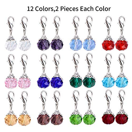 Aylifu Clip on Charms,24 Pieces Crystal Dangle Charms Pendant with Lobster Claw Clasp for Jewellery Making - 12 Colors - color: Silver