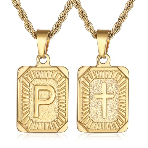 SKQIR initial Letter Necklaces for Men,Stainless Steel Plated A Z Square Pandent Letter Necklace for Women,Cross Necklace with Letter Chain Pendant for Boys Stocking Stuffers Christmas New Year Gifts for Men Women - color: Gold, style: Cross P