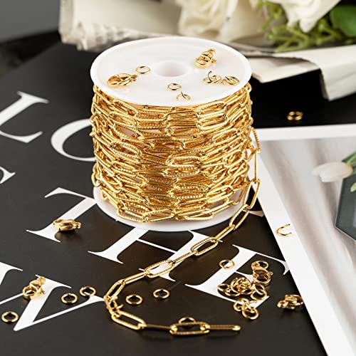 KYUNHOO 5M Gold Plated Stainless Steel Chain for Jewelry Making 4mm Wide Embossed Oval Paperclip Chain Bulk Soldered Jewelry Chain Spool with Lobster Clasps and Jump Rings for DIY Crafts - color: Embossed Paperclip Gold