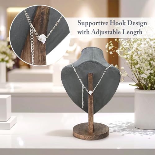MOOCA Necklace Chain Jewelry Display Holder, Jewelry Stand, Necklaces Display Mannequin Bust Stand, Wood Sturdy Base, Grey Suede with Walnut Base - color: Grey Suede with Walnut Base