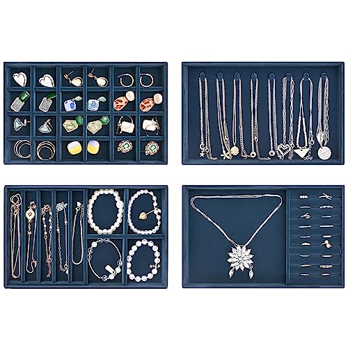 ProCase Stackable Jewelry Organizer Trays for Drawers, Jewelry Drawer Inserts Container Display Case Storage for Earring Necklace Rings Bracelet with Removable Dividers -Darkblue, 4 Layers - color: Darkblue, size: 4 Layers
