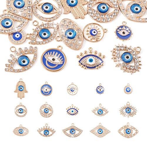 Cheriswelry Rhinestone Enamel Connectors Charm Links Evil Eye Alloy Metal Pendants Antique Silver Flat Round Hamsa Hand Owl Feather Heart Charm Pendant for Bracelet Necklace Jewelry Making - color: Gold-Mixed Shape