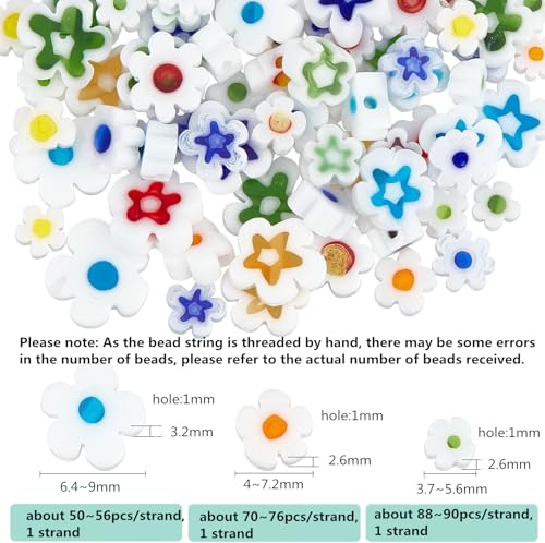 OLYCRAFT About 208~222 Pcs Handmade Flower Millefiori Lampwork Glass Beads 3 Styles White Glass Flower Beads Loose Mosaic Bead for Jewelry Bracelet Necklace Making and DIY Craft - color: Flower #1