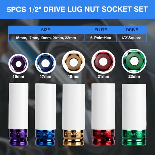 1/2" Drive Wheel Protector Impact Socket, Non-Marring Lug Nut Thin Wall Deep Socket Set, CR-MO, 6 Point, Color-Coded Protective Socket | Metric 15 17 19 21 22 mm (5 PCS) - size: 1/2" Color Impact Sockets 5pcs