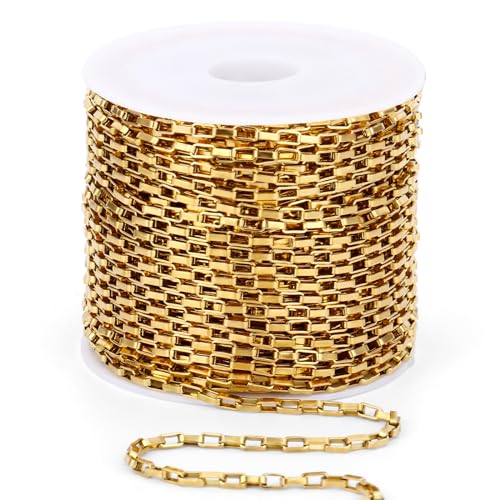 33 Feet 18K Gold PVD Plated Stainless Steel Box Chains Bulk, 2mm 304 Stainless Steel Chain Spool Square Link Box Chain Roll Bulk for Jewelry Making - color: 2MM Gold Square Box Chain