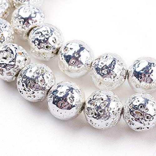 Beadthoven 5Strands Electroplated Natural Lava Bead 6mm Rock Round Silver Plated Stone Bead Charms for Jewelry Making Women & Men’s Bracelets Handmade Accessories Finding Supplies About 66pcs/Strand - color: Silver, size: 6mm