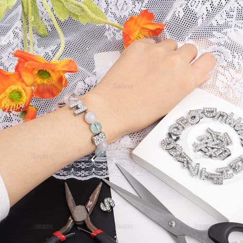 AUEAR, 104 Pack Silver A-Z 8mm Full Rhinestone Slide Crystal Alphabet Letter Charm Alloy for Bracelets Necklace Wristbands DIY Jewelry Making - color: Silver, size: 104 Pack